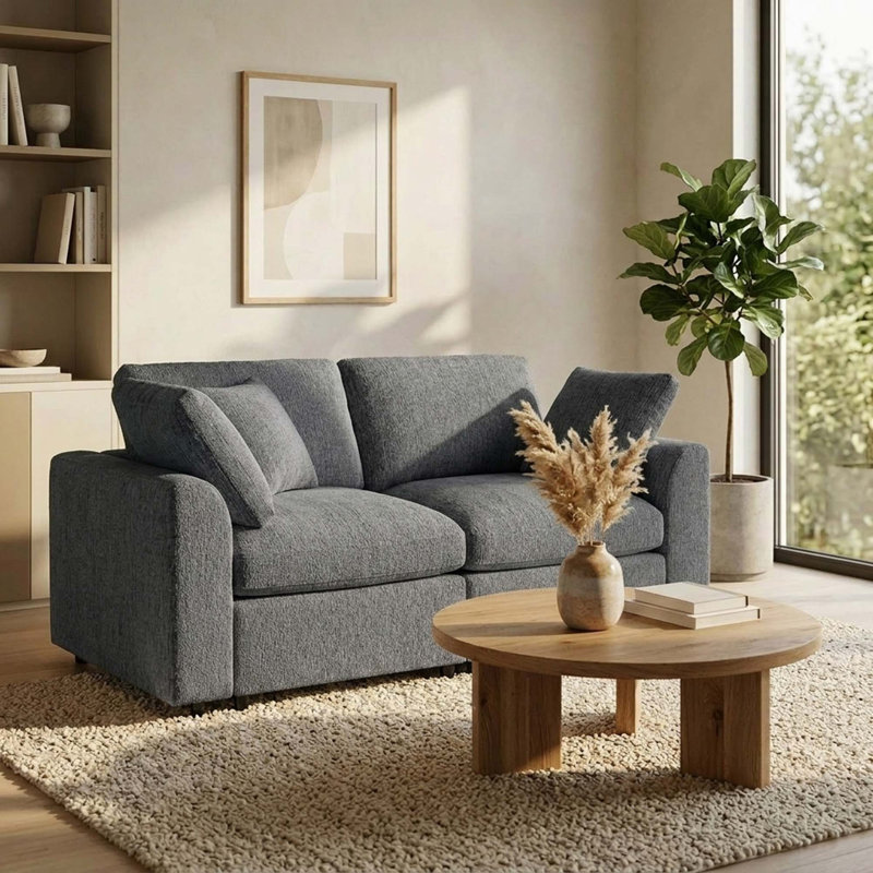 Canapé moderne en chenille avec assise profonde et structure en bois massif, Gris chenille