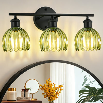 19.3 Inch 3-light Vanity Light Fixtures In Matte Black With Green Tulip Glass Shades, Modern Bathroom Wall Lighting
