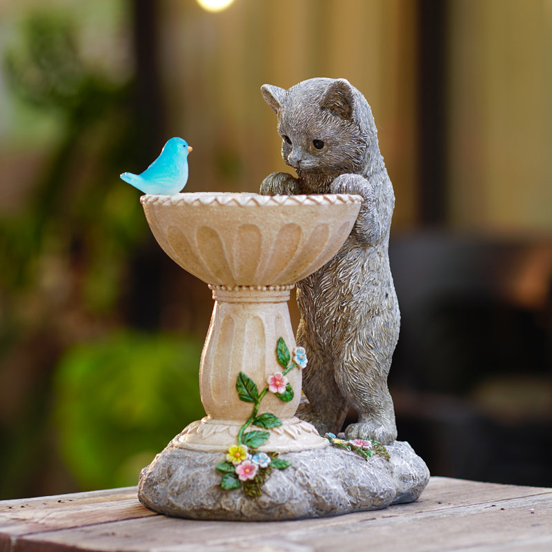 Mangeoire d'oiseaux solaire pour chat - 10 pouces de bain de statues d'extérieur gris pour jardin