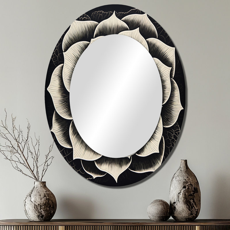 Minimal succulent en noir et blanc - miroir décoratif floral ovale sur métal, 40 po x 30 po