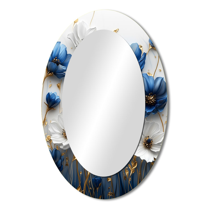 Meadows of Blue Cornflowers III - Grand miroir mural ovale sur métal, 36 po x 24 po