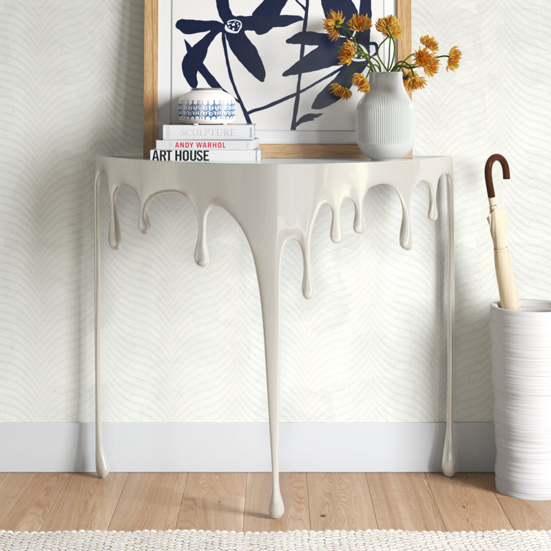 Moderna Aluminum Metal Abstract Crescent Drip Living Room Console Table with Melting Designed Legs and Shaded Glass Top