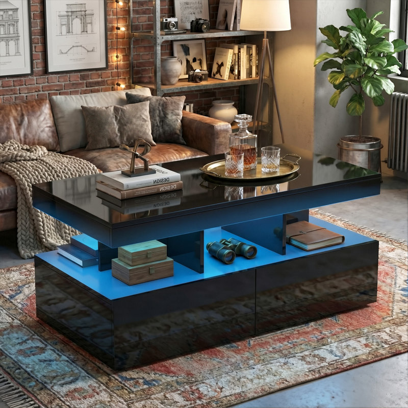 104CM Modern High Gloss Coffee Table With 2 Drawers, Smart App-Controlled RGB LED & Music Sync (EU Plug) - Black/White, Black