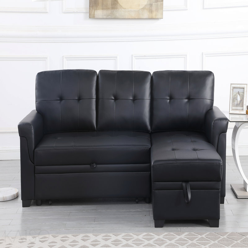 Canapé-lit modulaire réversible en cuir végétalien noir l 84 po avec méridienne de rangement