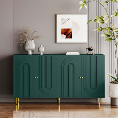 Modern Lacquered 4 Door Wooden Cabinet With Adjustable Shelves And Golden Accents For Versatile Storage Solutions