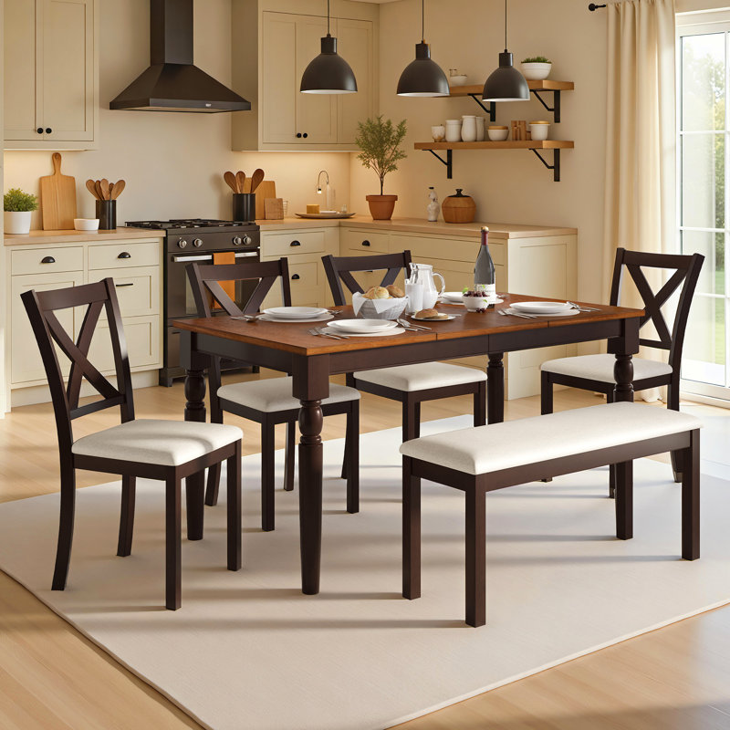 Ensemble de table de salle à manger en bois massif 6 pièces avec banc Deral, brun foncé et noir Deral    , Noir