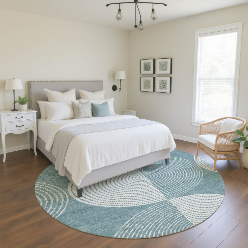 Premium Machine Washable Mayfield AMF2275 Geometric Rug, Teal, 8' Round