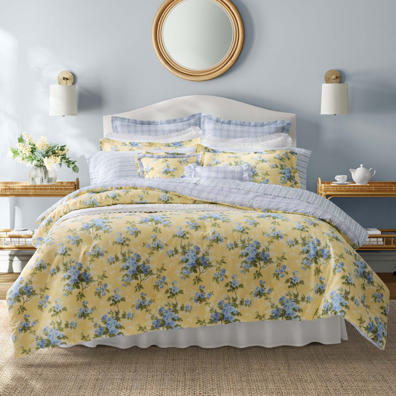Cassidy Yellow and Blue Floral Cotton Queen Comforter Set