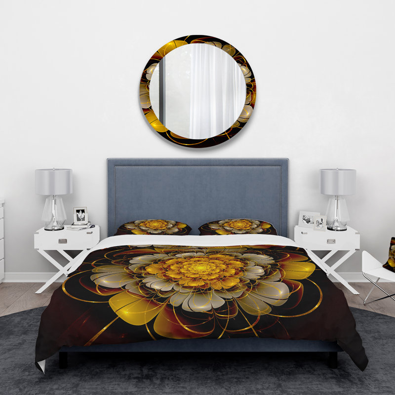 Fleur jaune fractale - ensemble de housse de couette moderne - polyester microfibre