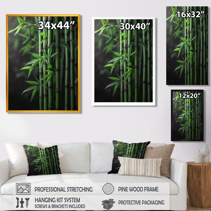 Vert, noir, sérénité, tiges de bambou - art mural en bambou, Cadre flottant blanc, H 32 po x l 16 po x P 1 po