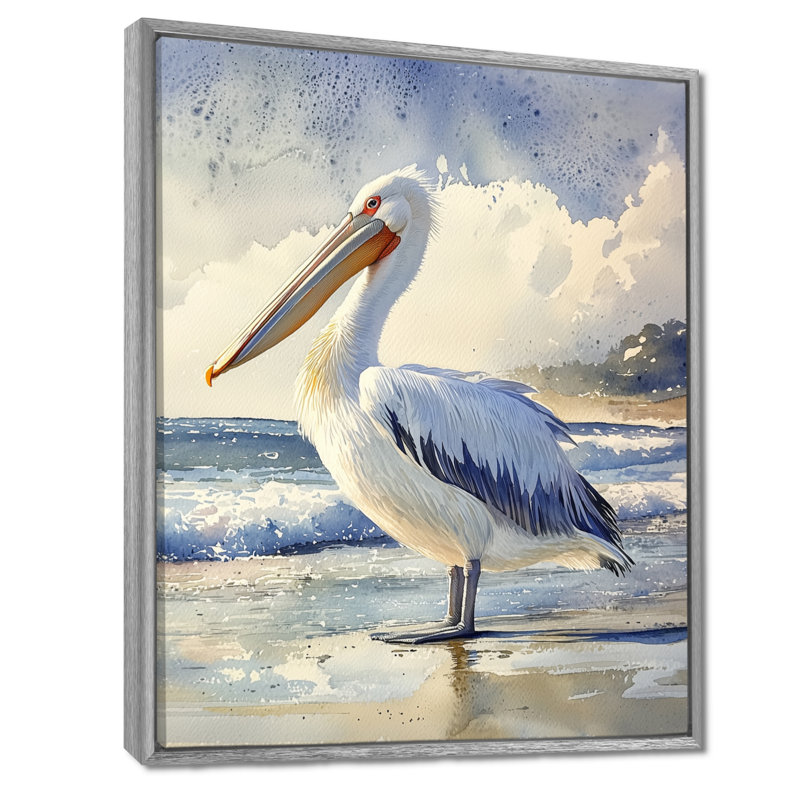 Art mural sur toile Avantika Soaring Solitude Pelican By The Sea I - Heron, Argent argent, Impression encadrée flottante