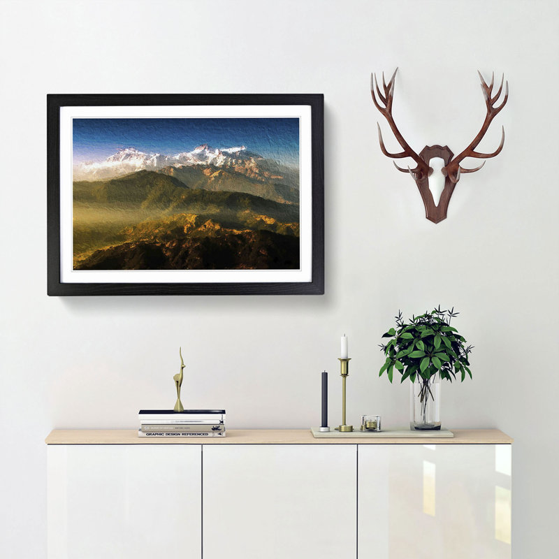 Sunlight Bathing the Mountains in Nepal - Picture Frame Painting Print, 48cm H x 65cm W x 2cm D, Black Framed