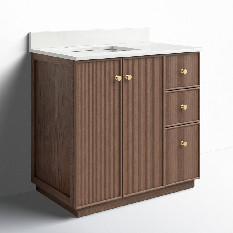 Waubun Rally 36'' Free Standing Single Bathroom Vanity with Calacatta Quartz Top, Dark Brown Oak