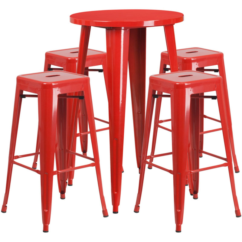 Colbert 30'' Round Metal Indoor-Outdoor Bar Table Set with 4 Square Seat Backless Stools, Red, 41" H x 24" W x 24" L