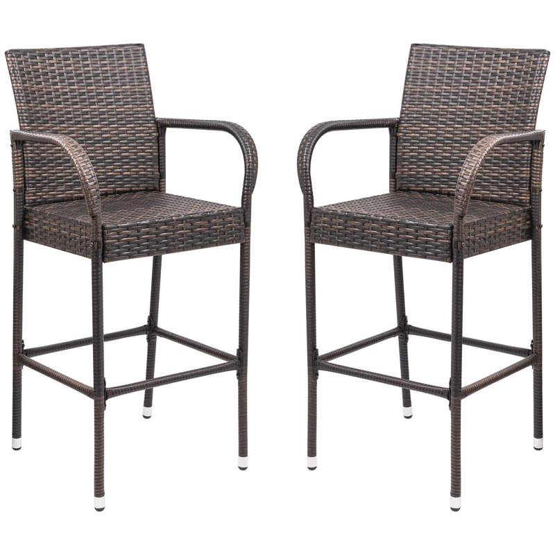 Dalessio 29.5" Patio Wicker Bar Stools with Footrest (Set of 2), Brown