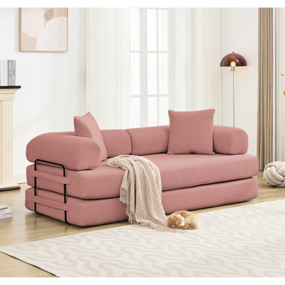 78.5" Folding Convertible Out Sleeper, 3 - Seat King Size, Pink Corduroy, Space Saving Design, Soft Pillows Video Available For Modular Comfortable