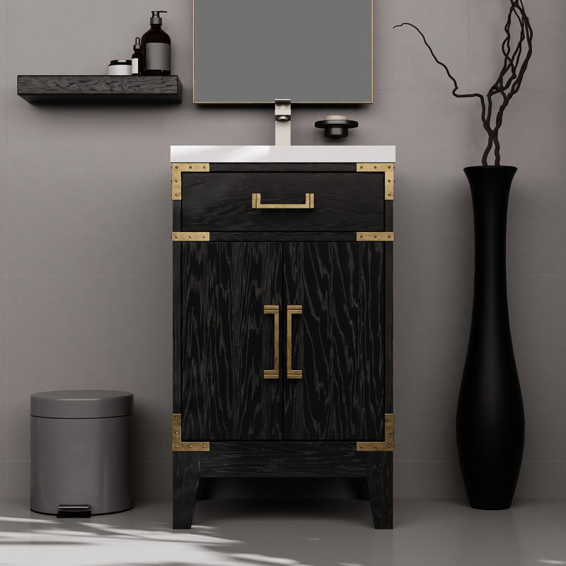Meuble-lavabo simple en chêne noir 20 po, 18 po, comptoir en acrylique, miroir et meuble-lavabo avec tiroir à fermeture en douceur, miroir et option de rangement fermé