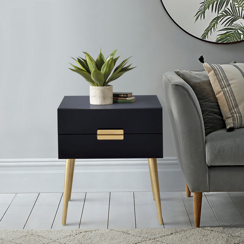 Leite Contemporary 24"H Rectangular 2-Drawer End Table with Storage, Black