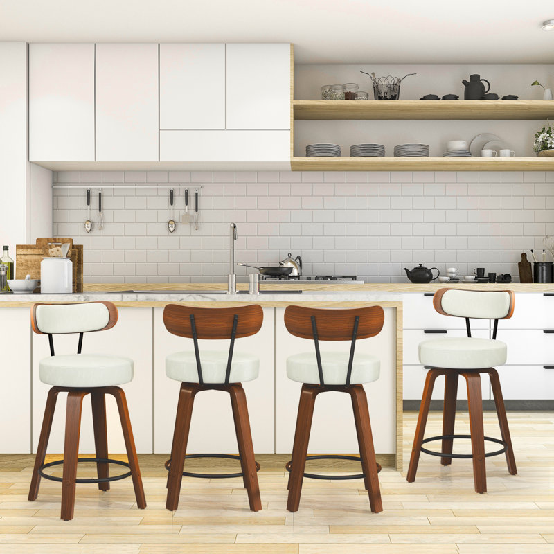 Swivel Counter Height Bar Stools Set of 4, Faux Leather Kitchen Stools Upholstered Barstools with Back, Walnut Wood Legs, Mid Century Island Chairs Counter Stools, 26" Seat Height