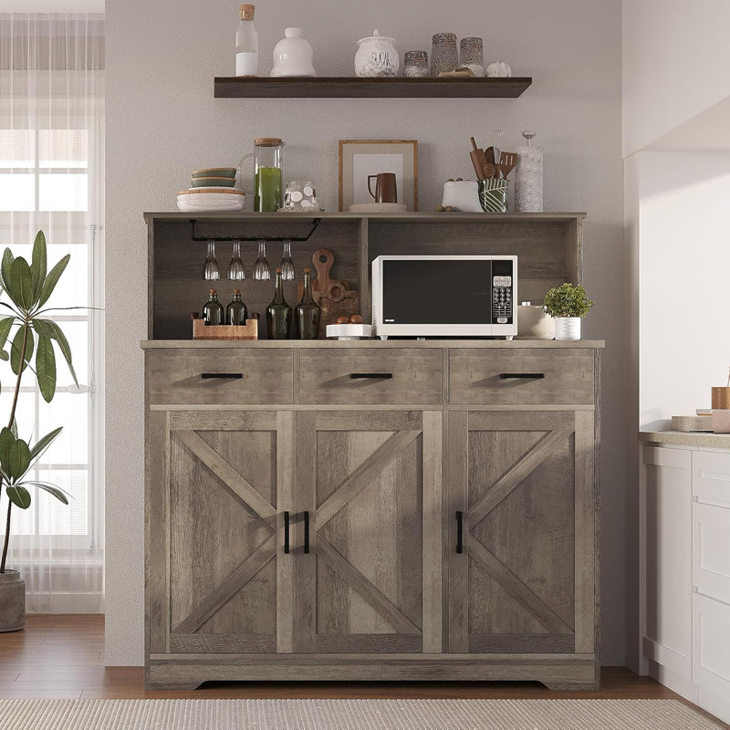  Farmhouse Entryway Storage Cabinet with Microwave Stand – Barn Doors, Drawers, Shelves – Large Coffee Bar Sideboard Buffet for Kitchen, Dining, Living Room