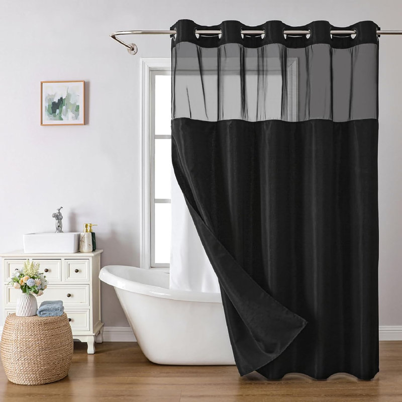 Blush and White Linen Textured Hookless Shower Curtain with Liner