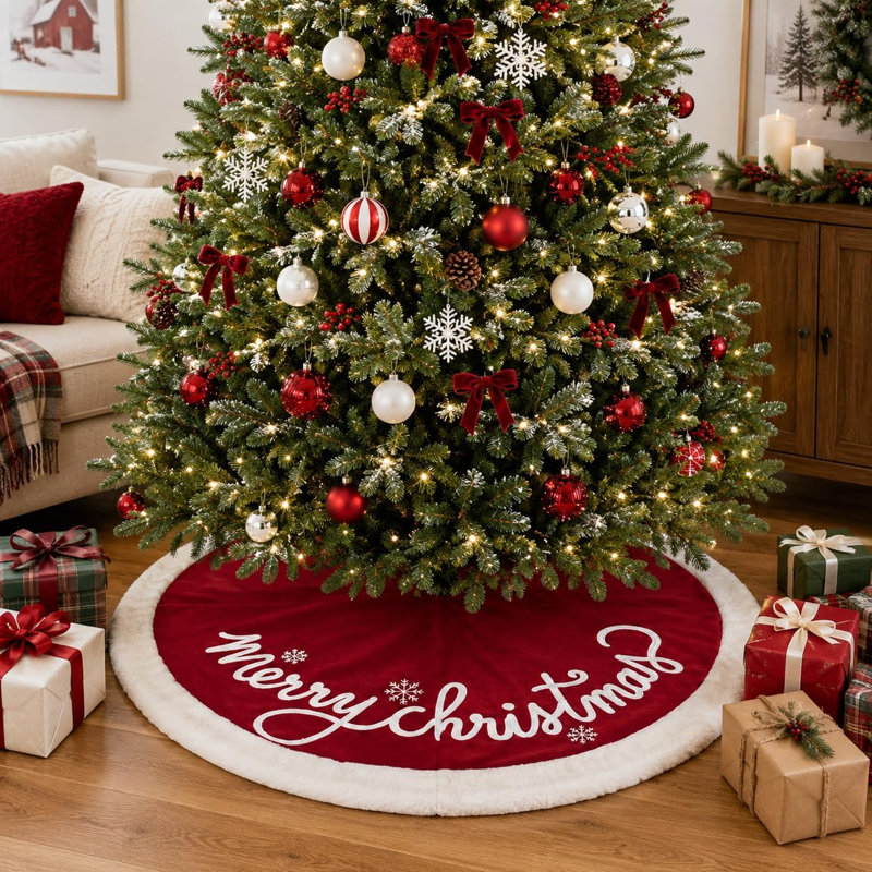 48 Inch Red Velvet Christmas Tree Skirt with Merry Christmas Embroidery and White Faux Fur Trim