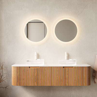 Meuble-lavabo de 60 po avec lavabos en verre, 2 tiroirs, rangement naturel rayé en 3D, pré-assemblé, glissières de tiroir à fermeture en douceur, facile à installer, entretien rayé en cristal rond, installation