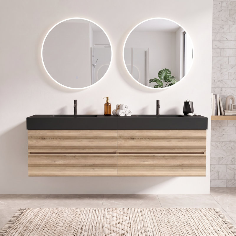 Meuble-lavabo mural 72 po moderne en chêne avec lavabo à surface solide noir mat d'ingénierie, tiroirs souples (36 po * 2)