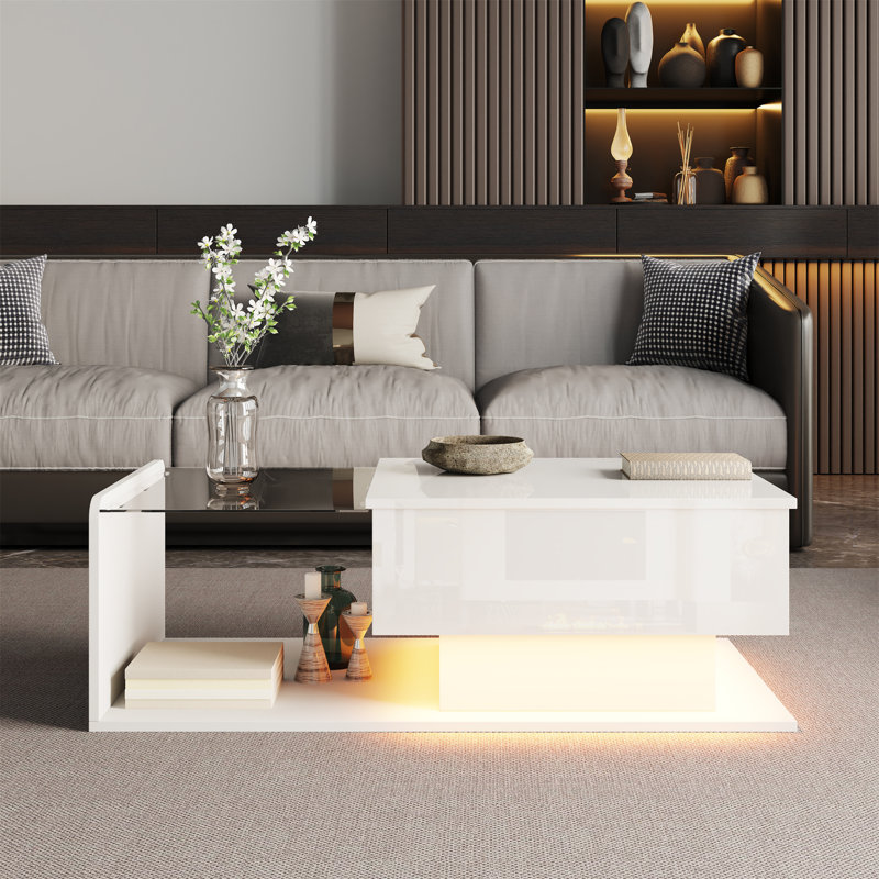 Modern Lift-Top Coffee Table With Led Lighting - Adjustable Height, White