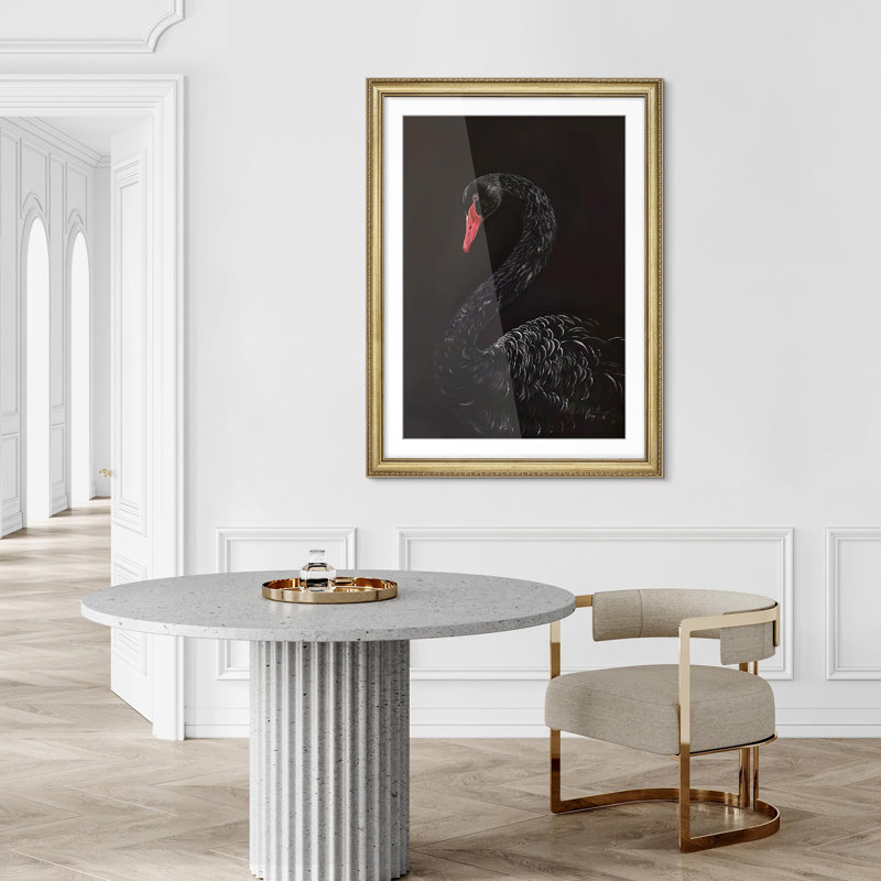 "Elegant Black Swan Portrait Graceful Minimalist Animal Illustration, décoration murale encadrée dorée", Oui