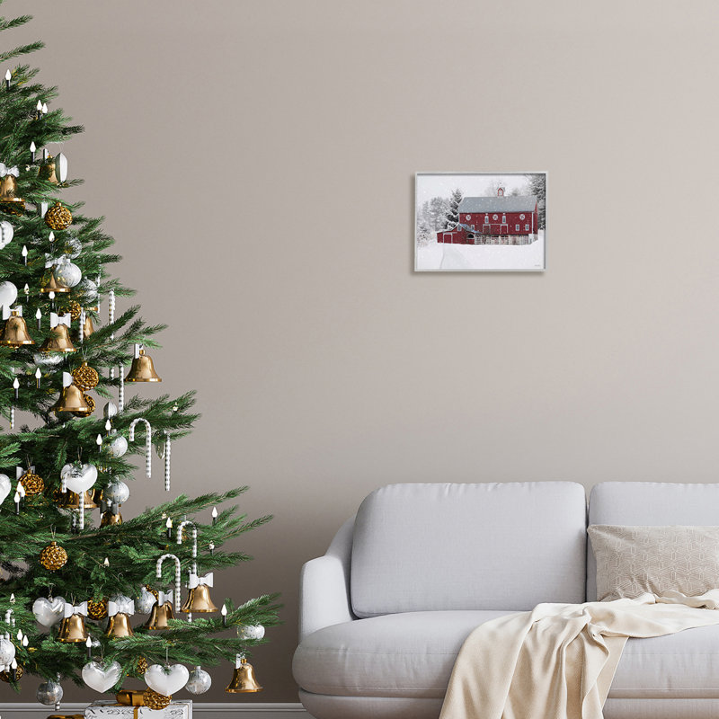 «Snowlanded Farmland Red Barn Snowflakes Falling Black», estampe numérique encadrée, art texturé par Lori Deiter