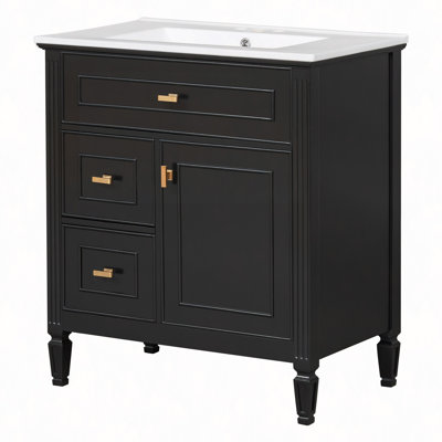 Meuble-lavabo de 30 po avec lavabo, meuble-lavabo avec un tiroir rabattable et deux tiroirs, tablette réglable, bois massif et panneau de fibres à densité moyenne