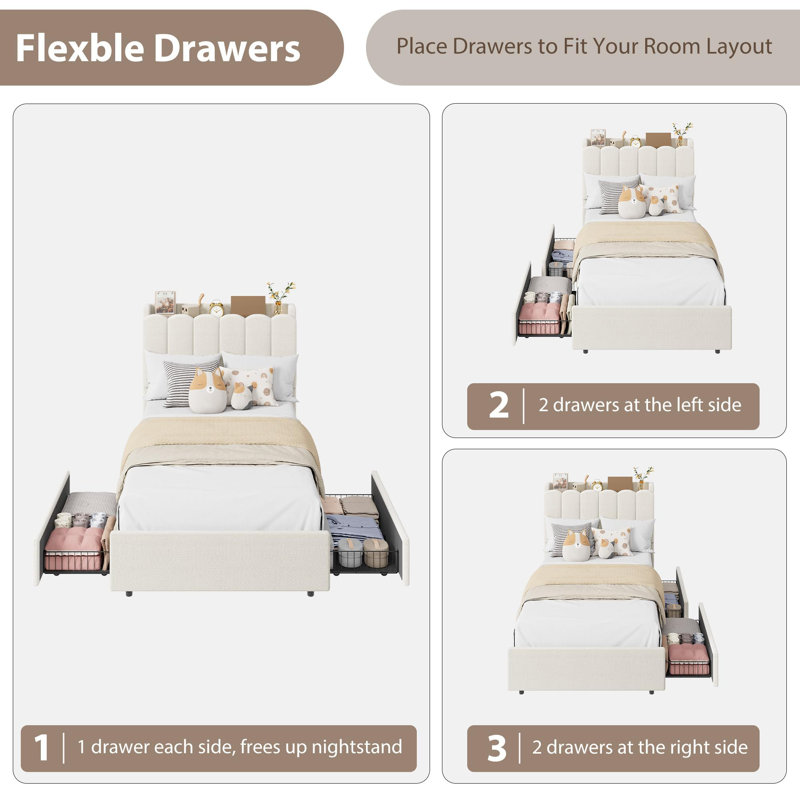 Twin Size Upholstered Platform Bed Frame with LED Lights, Storage Headboard with Bookcase & 2 Under-Bed Drawers, Strong Wood Slats, Chic Wavy Design, No Box Spring Needed, Easy Assembly - Beige