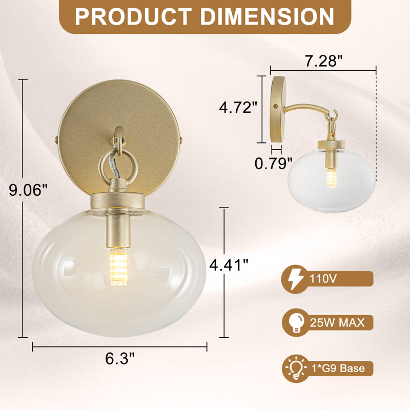 Applique murale 1 lumière Modern Sand Gold moderne avec abat-jour en verre transparent