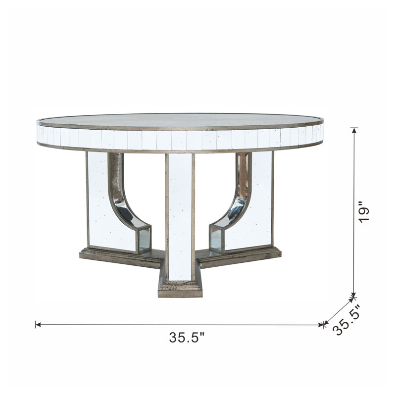Table basse ronde 35,5 "avec base florale en miroir et plateau en verre, finition argentée
