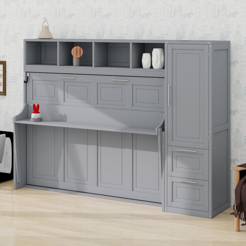 Lit escamotable Murphy avec placard et tiroirs, Gris, Lit double