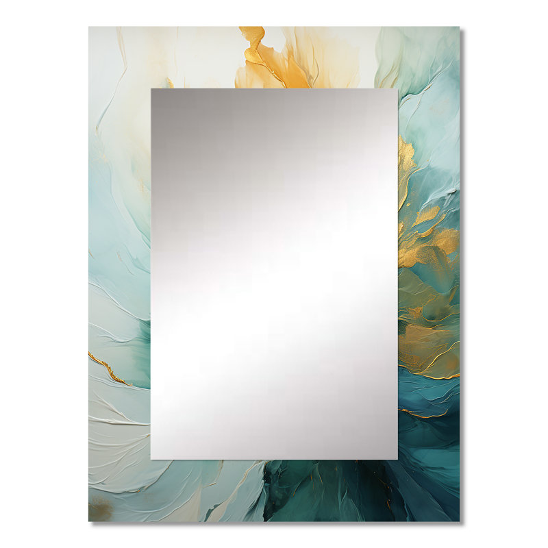 Or et harmonie aurore sarcelle - grand miroir abstrait en spirale, décor de miroir mural unique et moderne, impression d'art en métal