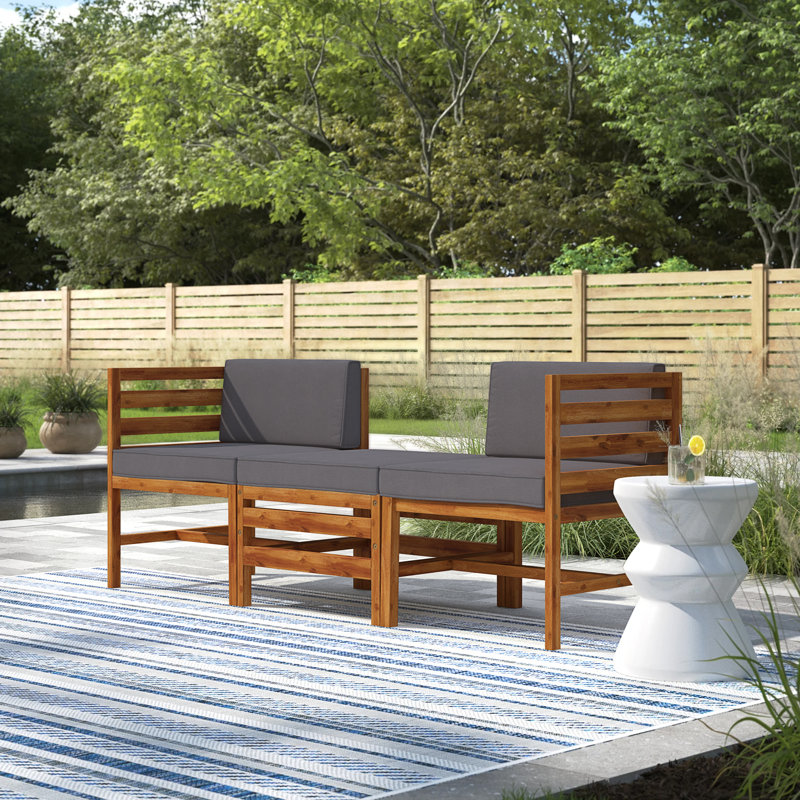 Acacia Patio Sofa with Cushions and Ottoman, Brown, Gray
