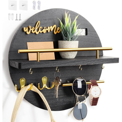 Wall Mount Key & Mail Organizer with Clock & Welcome Home Plaque Rustic Wooden Entryway Shelf