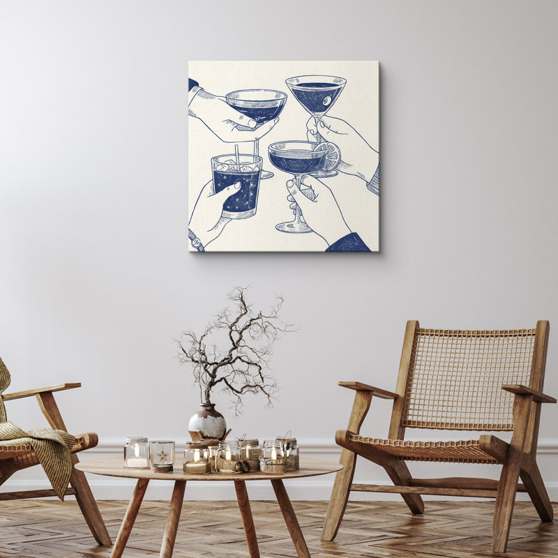 «Classic Cocktail Glasses Cheers Line Art Bar Scene», reproduction d'art sur toile encadrée, H 16 po x l 16 po x P 1,5 po