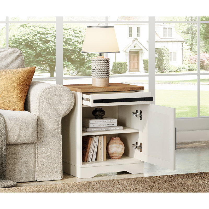 Farmhouse Nightstand Set Of 2,Wooden Bedside Table With Drawer & Cubby, Rustic Drawer Storage Sofa Side Table With Barn Door For Bedroom, Office,Cream White