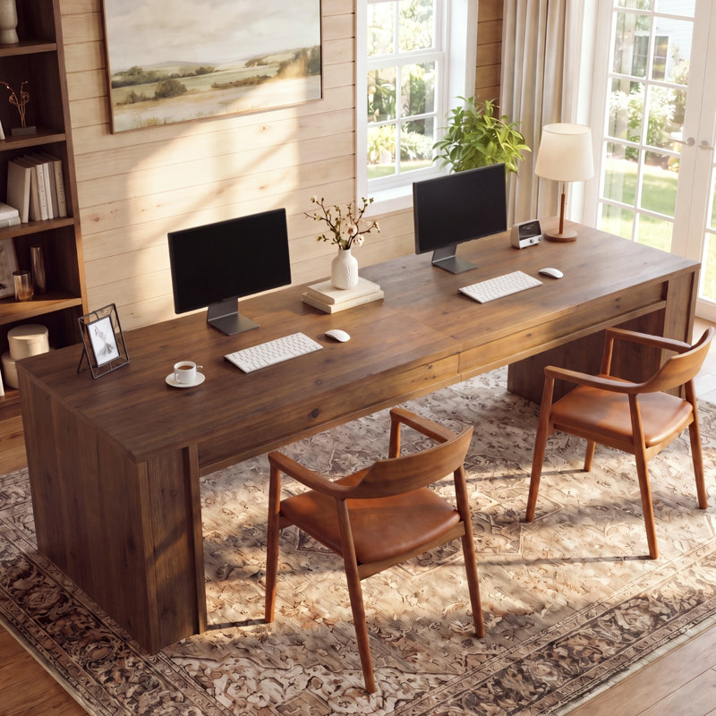 Bureau à deux places en bois massif, bureau d'ordinateur extra long de 200 cm (78,7 pouces) pour bureau à domicile