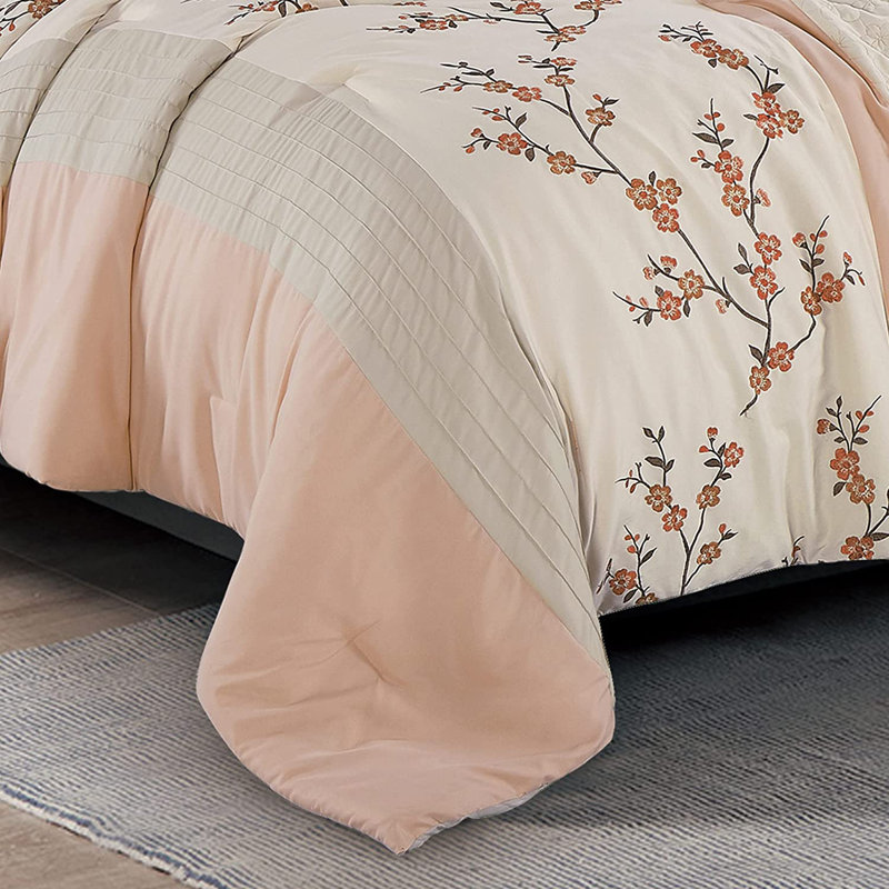 7-Pieces Cherry Blossom Floral Embroidery Comforter Set with Sheets, Brown/Red/Beige