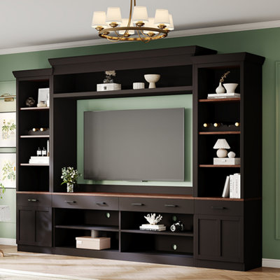 Farmhouse 4-Piece Entertainment Wall Unit Set With Bookshelf For Tvs Up To 70", Walnut TV Stand With Adjustable Shelves, Mid-Century Large Media Conso
