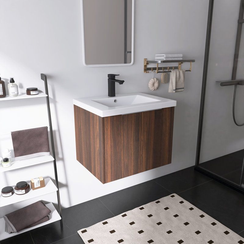 Ensemble de meuble-lavabo mural simple 24 po avec plateau en résine Acorn, H 19,38 po x l 24 po x P 18,18 po, Brun