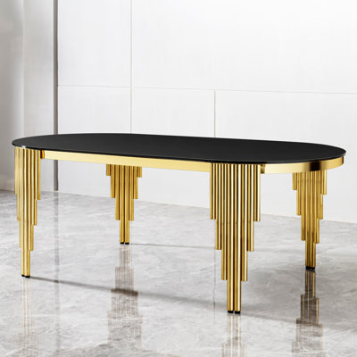 Mollyanne Glass Top Oval Dining Table With Gold Stainless Steel Base For 8 Seats by Everly Quinn