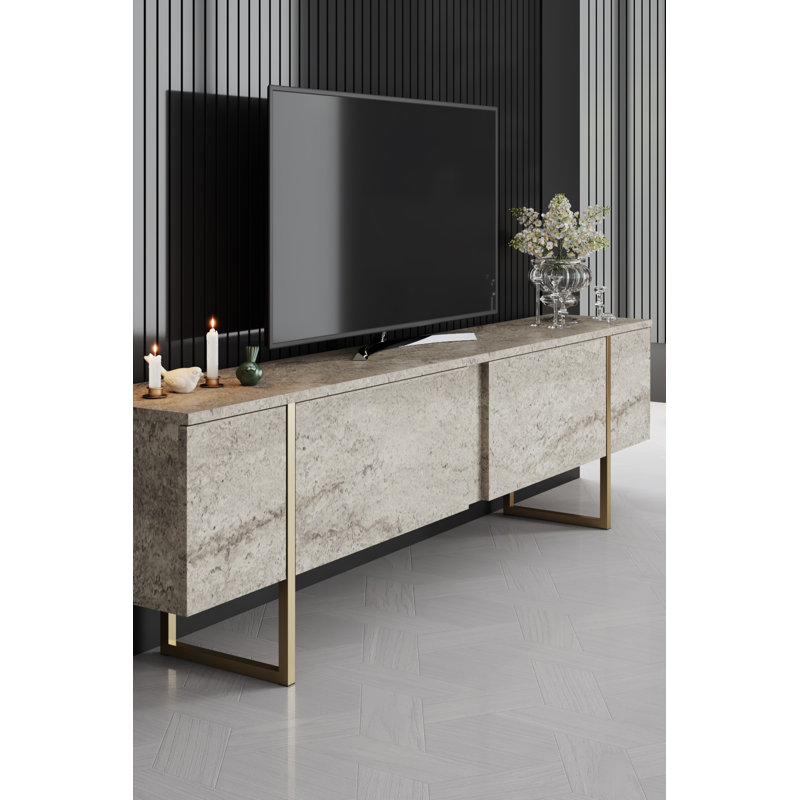 Ensemble de mobilier de salon moderne (3 pièces) | Travertin et finition dorée | Meuble télé (70,9 x 11,8 x 18,5 po), table basse (35,4 x 15,4 x 15,7 po), commode (47,2 x 31,5 x 11,8 po) | Panneau de particules 100% enduit de mélamine, pieds en métal durables, design élégant
