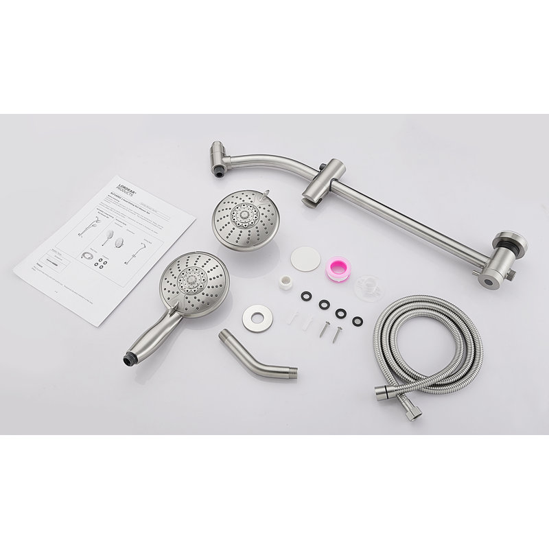 5 Setting Double Rain Shower Set with Adjustable Slide Bar & Stainless Steel Hose, Brushed Nickel