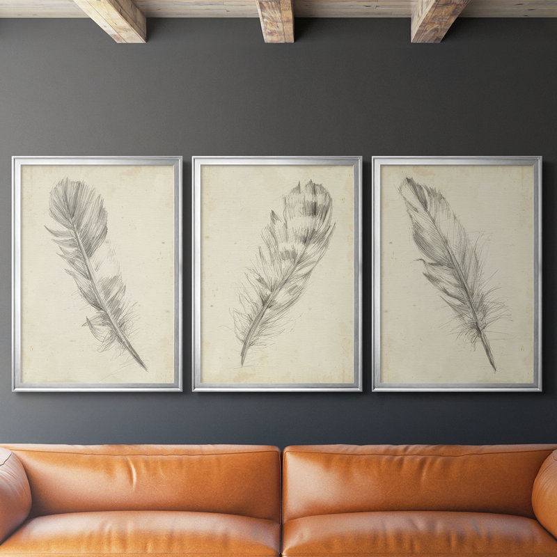 Croquis de plumes I - Toile tendue avec châssis sur mesure - 3 pièces, H 30 po x l 63 po, Argent argent