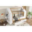 Lit plateforme simple avec tiroirs, lit maison en bois massif avec tablettes, conception enfantine, blanc et naturel-1503936443